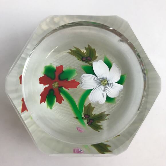 Perthshire 1984 Christmas Bouquet Poinsettia Holly Faceted Holiday Paperweight